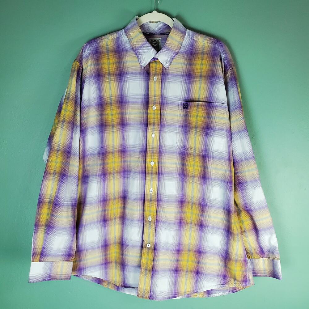 Cinch Men's Purple Yellow Plaid Button Down Long Sleeve Western Shirt Size Large